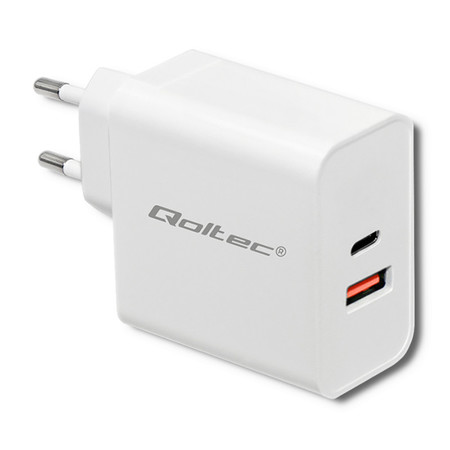 Qoltec Charger| 63W | 5-20V | 1.5-3A | USB type C PD | USB QC 3.0 | White (1)